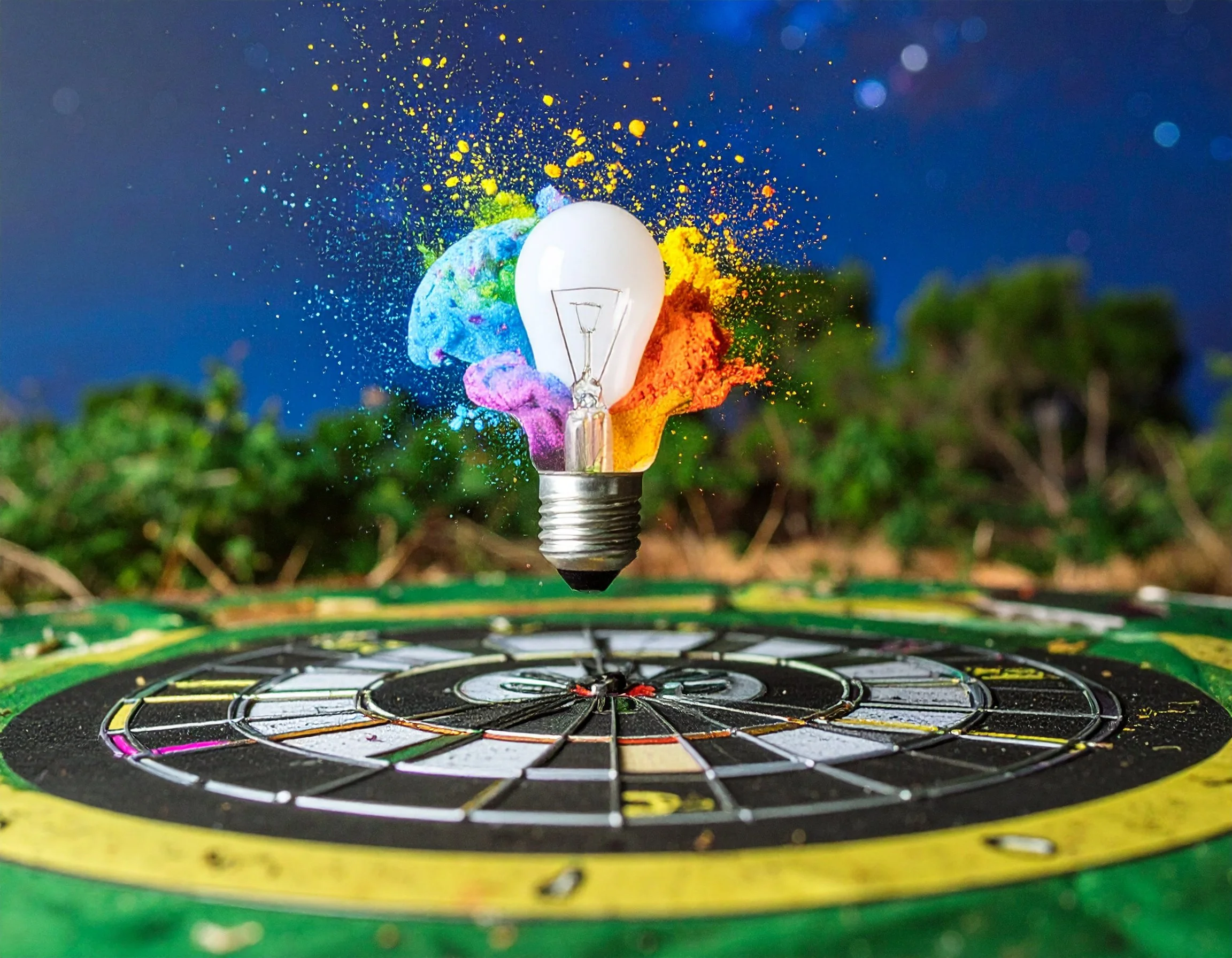 A lightbulb surrounded by colorful powders, appearing to explode above a dartboard outdoors at night.