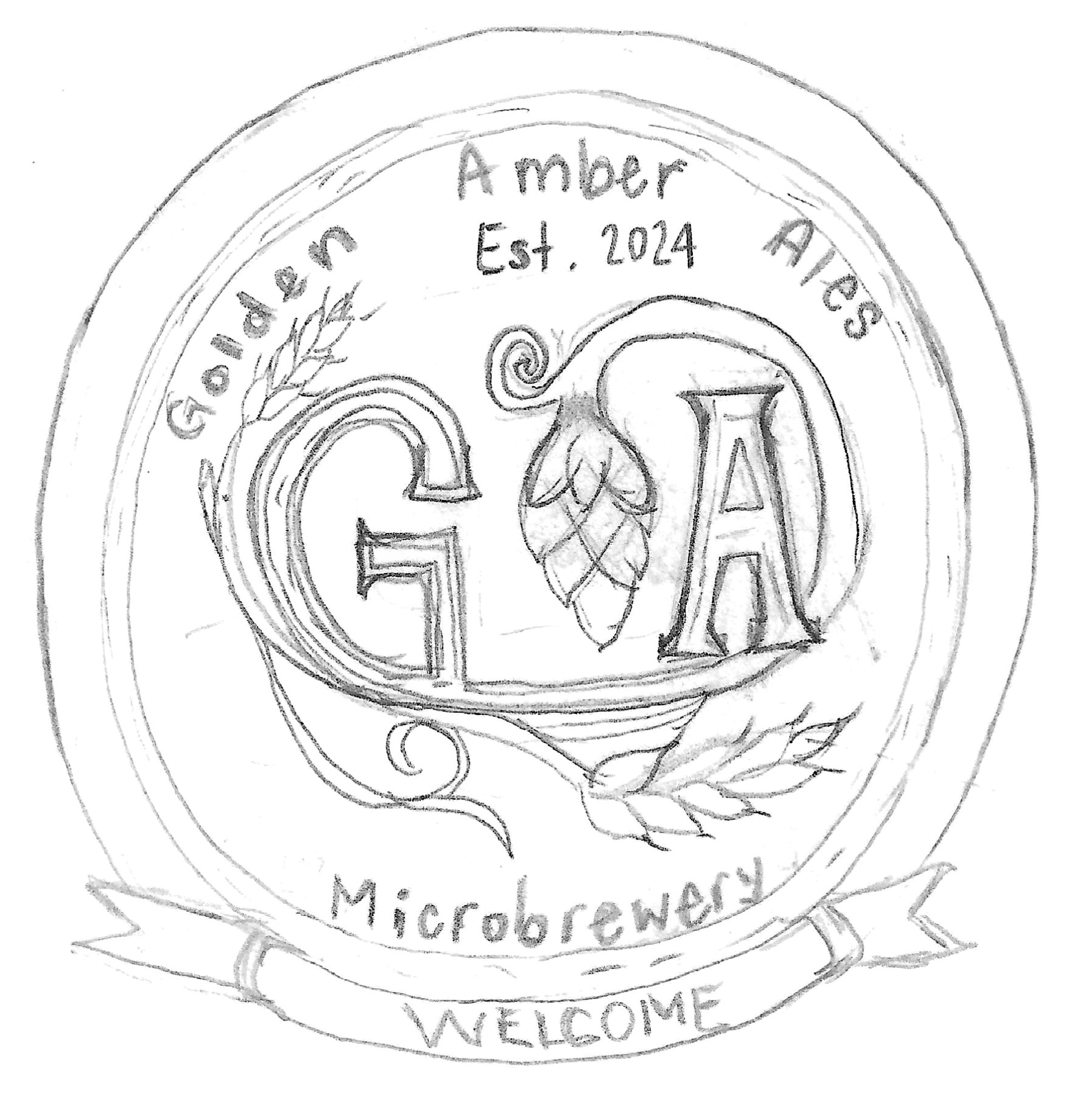 Sketch of a circular logo with the words "GDA Microbrewery" and a large letter "G" and "A" inside it, decorated with a hop cone, barley, and leaves, with additional text such as "Amber," "Est. 2024," and "Welcome."