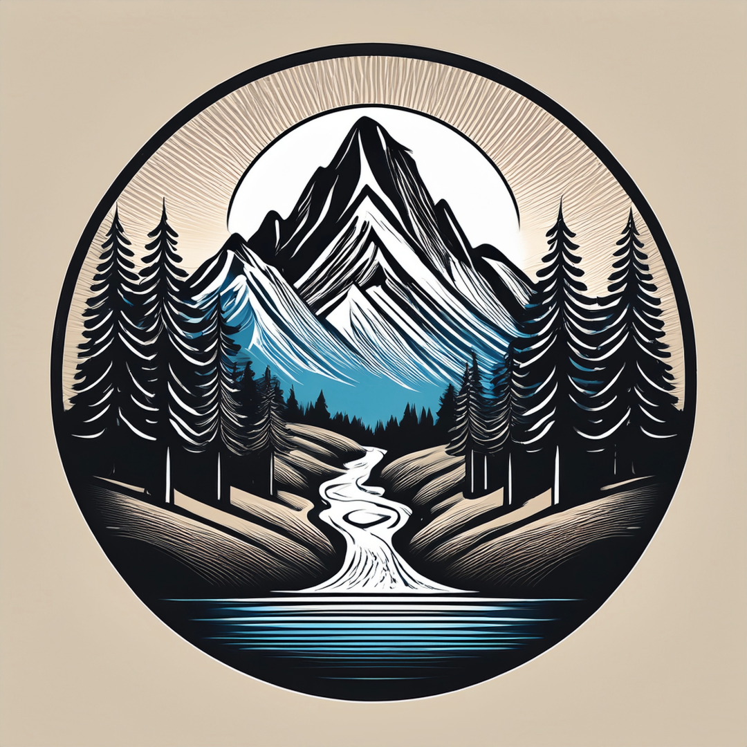 Illustration of a mountainous landscape with a river flowing through pine trees, with a sun or moon behind the mountain peak.