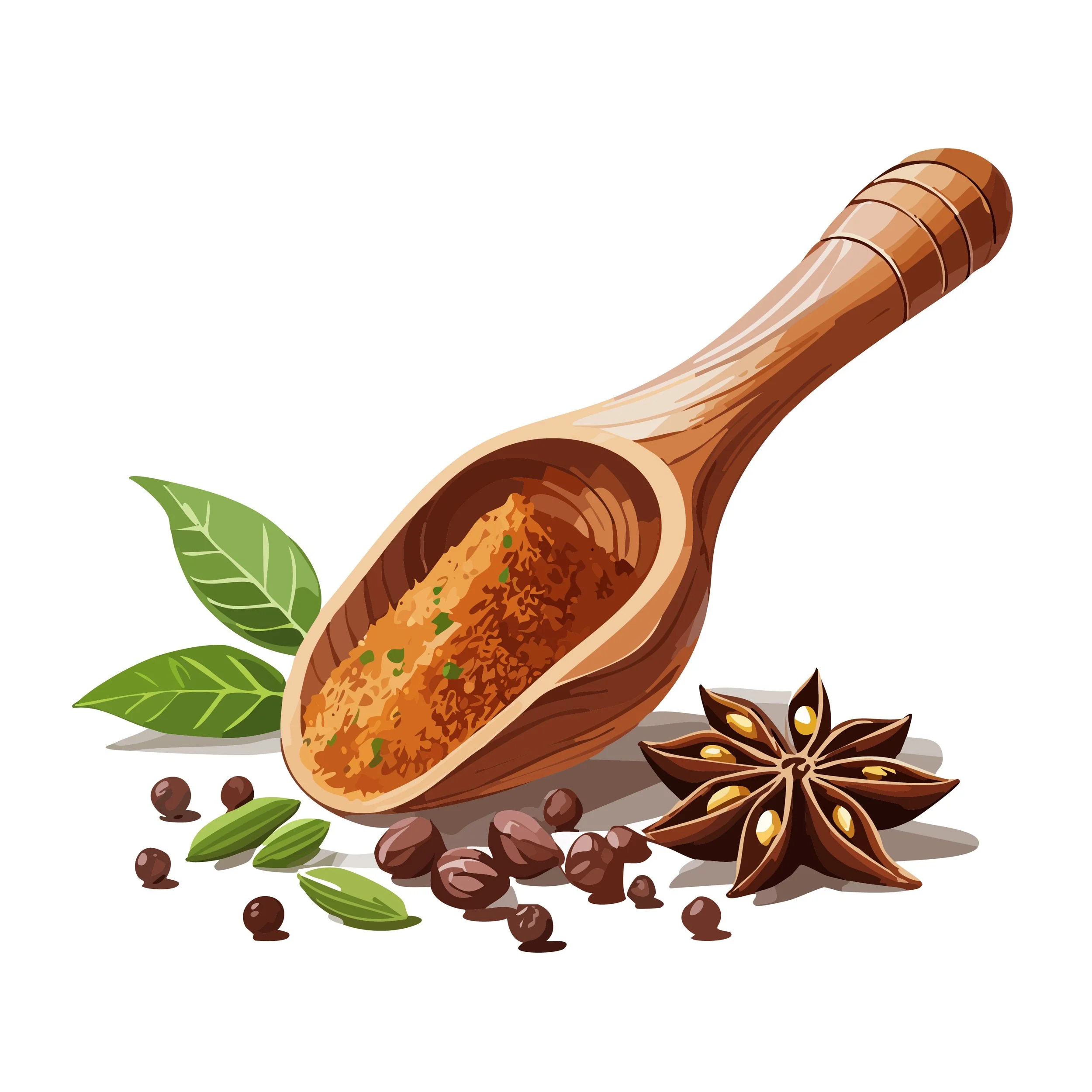 Wooden scoop filled with ground spices, accompanied by star anise, black peppercorns, and green cardamom pods, with green leaves in the background.