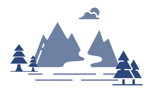 Simplified graphic of mountains, trees, a river, and a cloud with the moon in a minimalistic style.