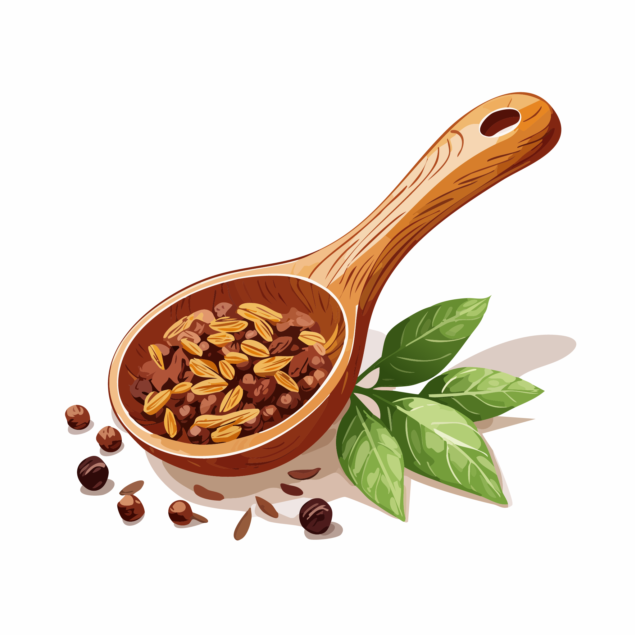 Illustration of a wooden scoop filled with black and brown spice seeds, with some seeds spilled on white surface and green leaves nearby.