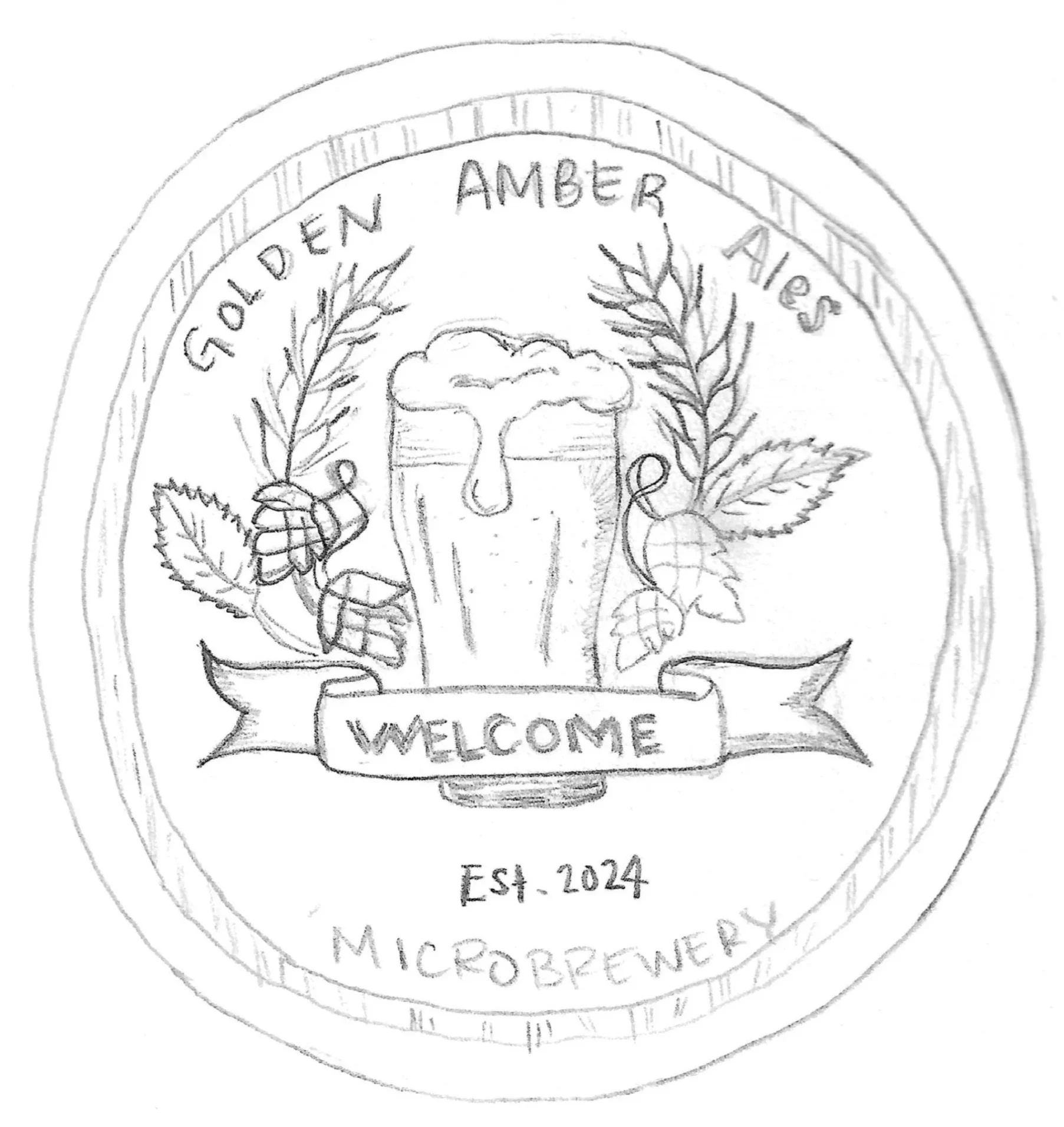 A hand-drawn logo for Golden Amber Ales, a microbrewery established in 2024. It features a pint of beer with foam and two hop cones, surrounded by hops and leaves, with a banner reading "WELCOME." The text "GOLDEN AMBER ALES" is at the top, and "MICROBREWERY" is at the bottom.
