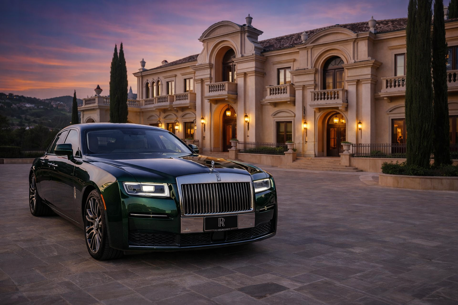 Luxury green Rolls Royce in front of a Mansion