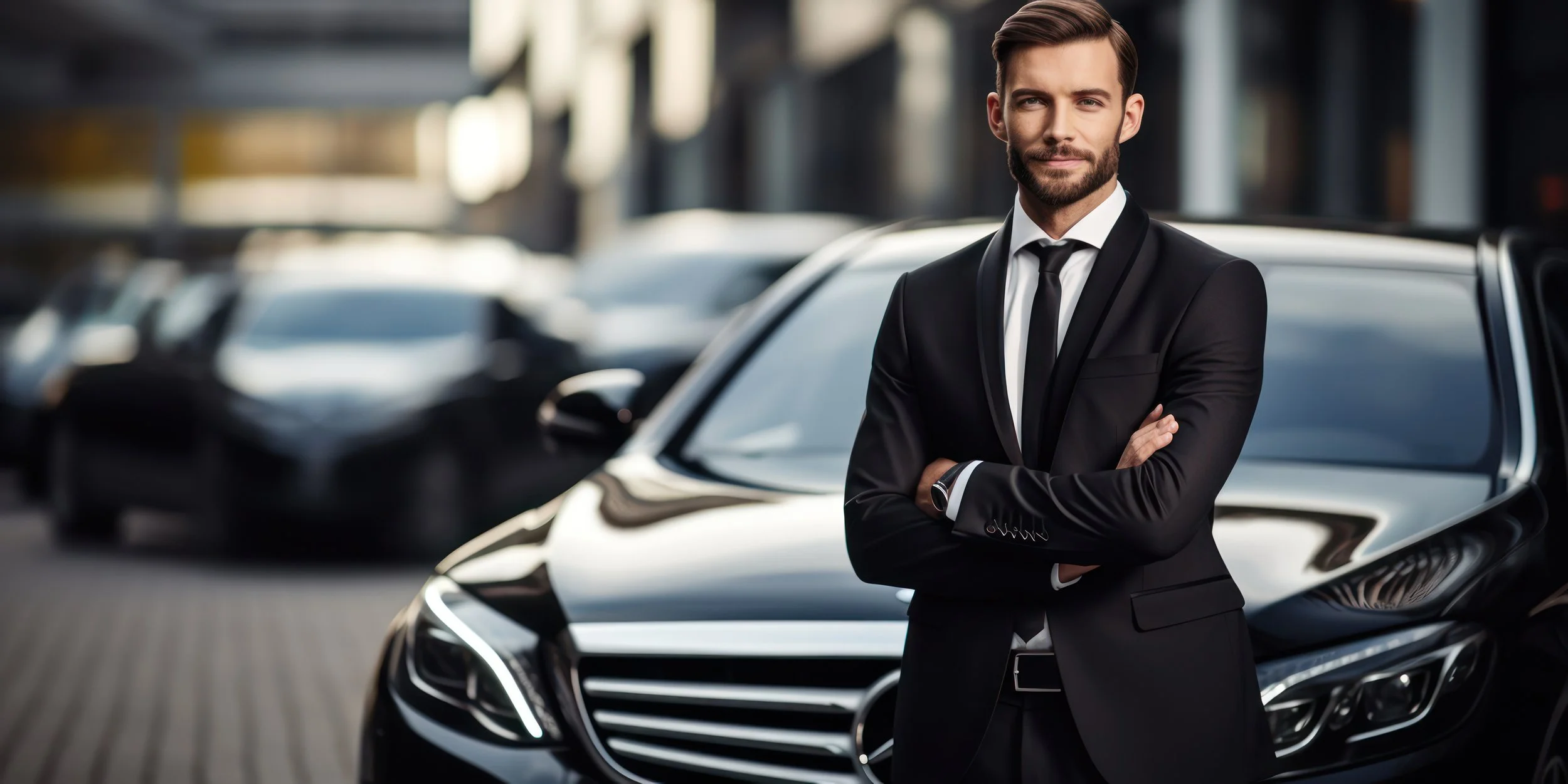 Luxury chauffeur standing beside a premium black sedan for VIP transportation