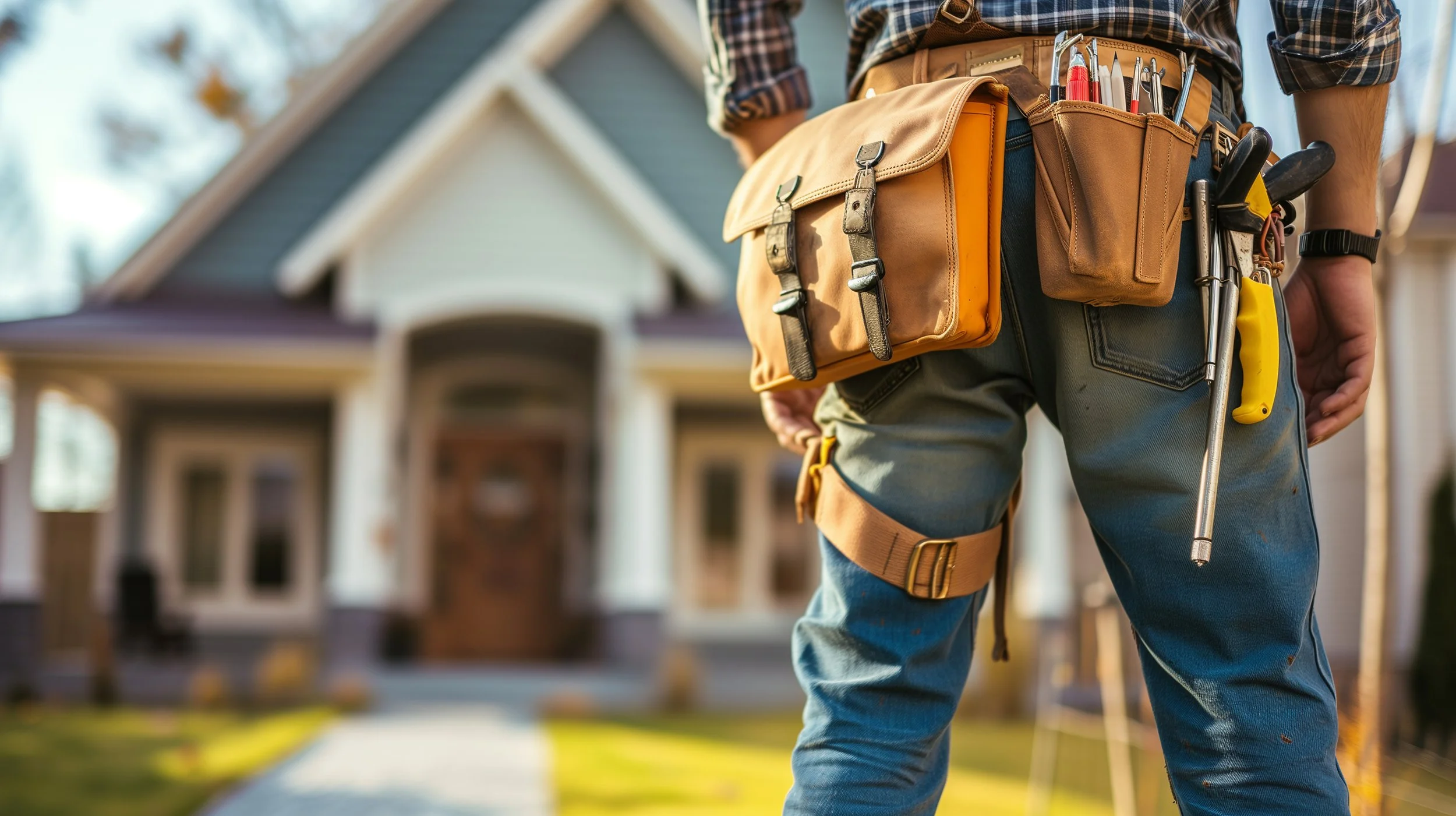 Handyman wearing tool belt standing in front of a suburban home, ready for home repair or maintenance service.