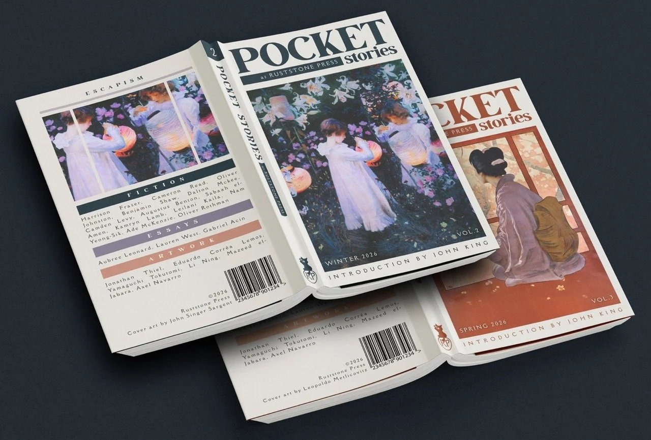 Two literary magazine issues titled 'Pocket Stories' displayed on a dark surface. One cover shows children holding lanterns in a garden, and another with a woman in traditional Japanese attire. Each issue lists contributors on the back.