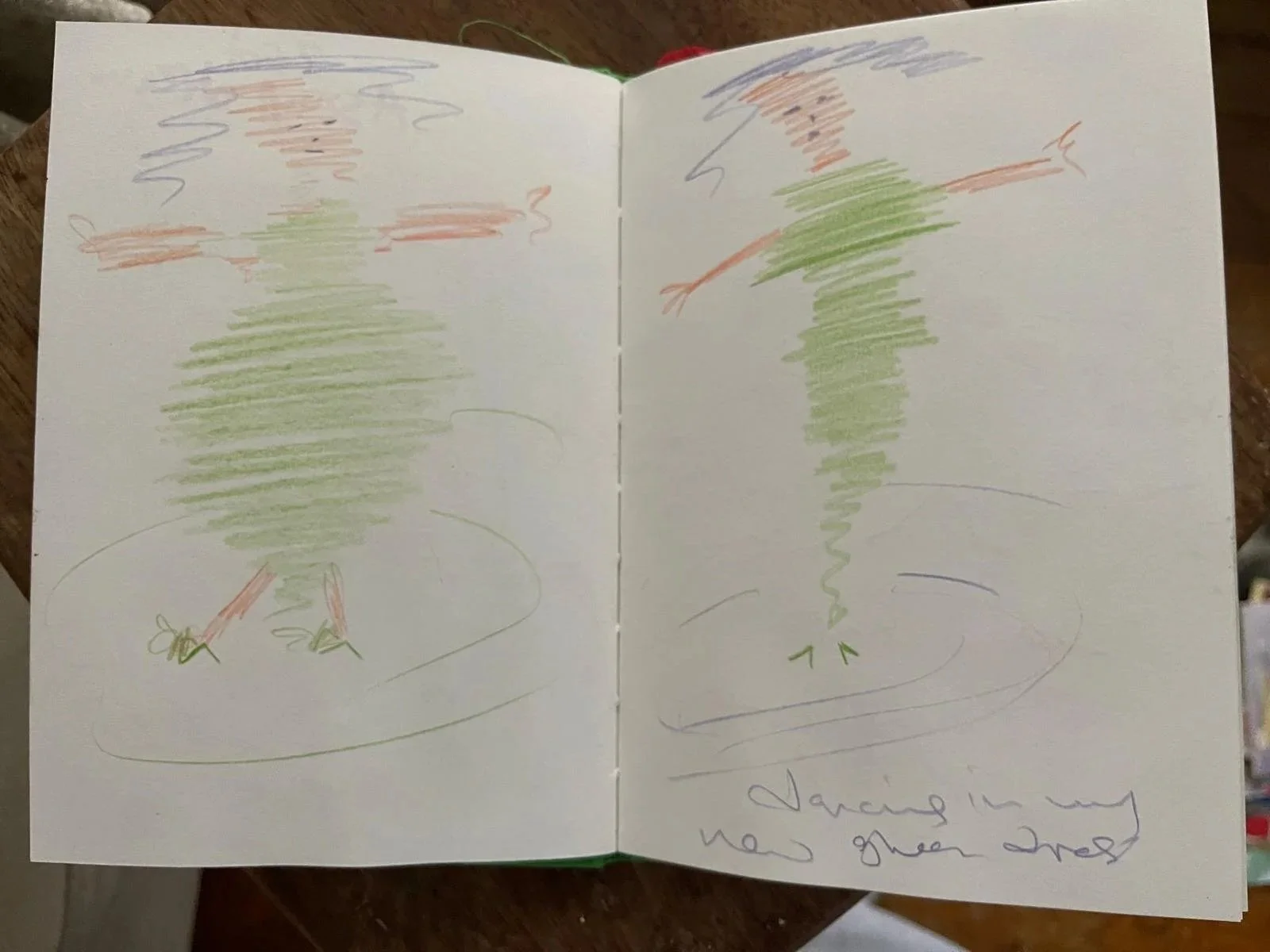 Hand-drawn picture of a firework or rocket exploding, with colorful lines in orange, purple, and green on white paper. There is writing on the right that says 'done with fire'.