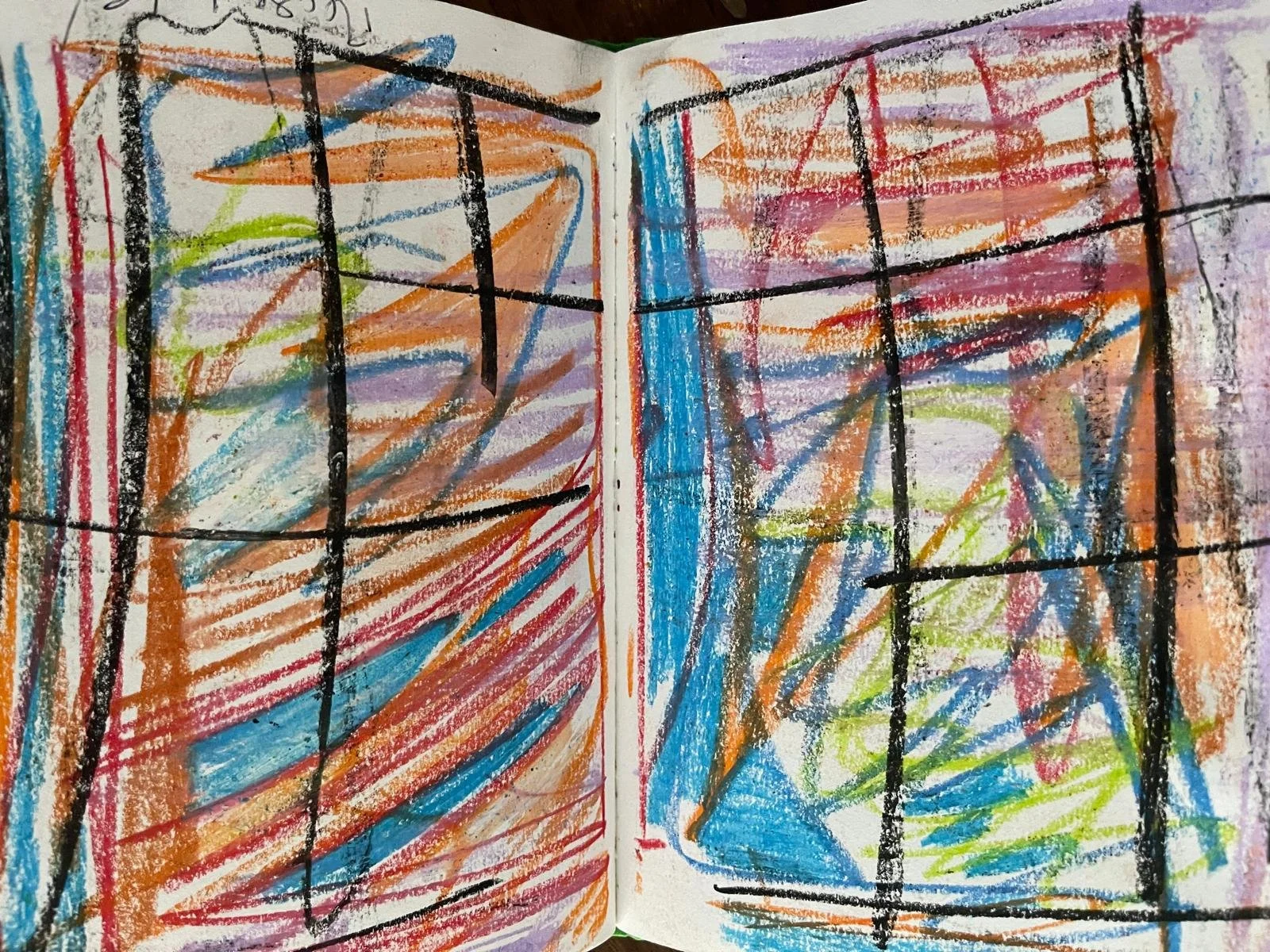 Colorful abstract drawing with grid lines and various colored strokes including blue, orange, pink, green, purple, red, and black.
