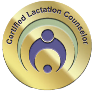 Logo for Certified Lactation Counselor with a stylized design of a mother and baby inside concentric circles.