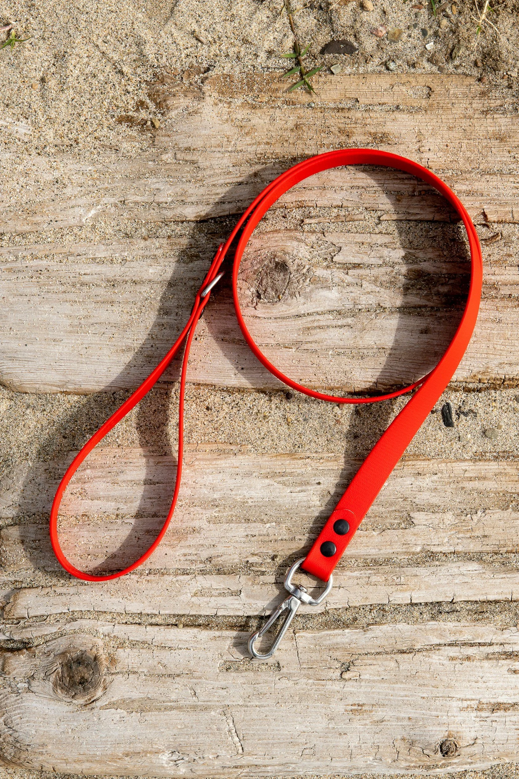 Red retractable dog leash on wooden surface with sand and small plants nearby.