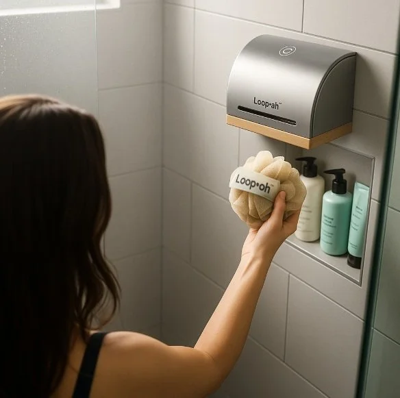 Wet loofah tape naturally contracting into a soft loofah ball