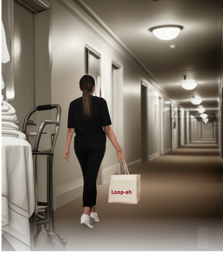 Used loofah tape collected in compostable bags for proper disposal