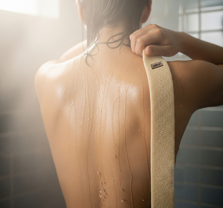 Elastic loofah ball stretched like a rope for back scrubbing