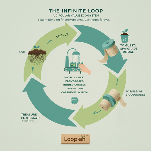 Loop-ah circular hygiene loop: single-use loofah strip → collection → compost → supply