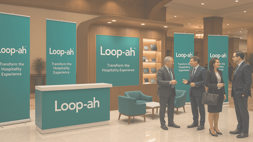 Loop-ah branding at a hospitality convention showing the infinity ‘oo’ visual