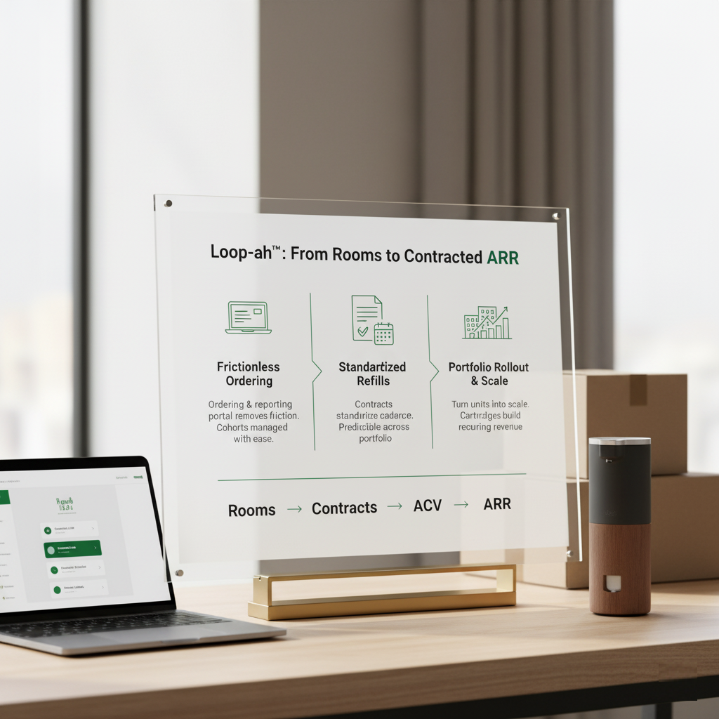 From rooms to contracted ARR — Loop-ah portal and hardware on a desk