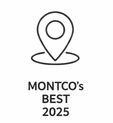 Logo with a location pin icon above the text 'MONTCO'S BEST 2025'.