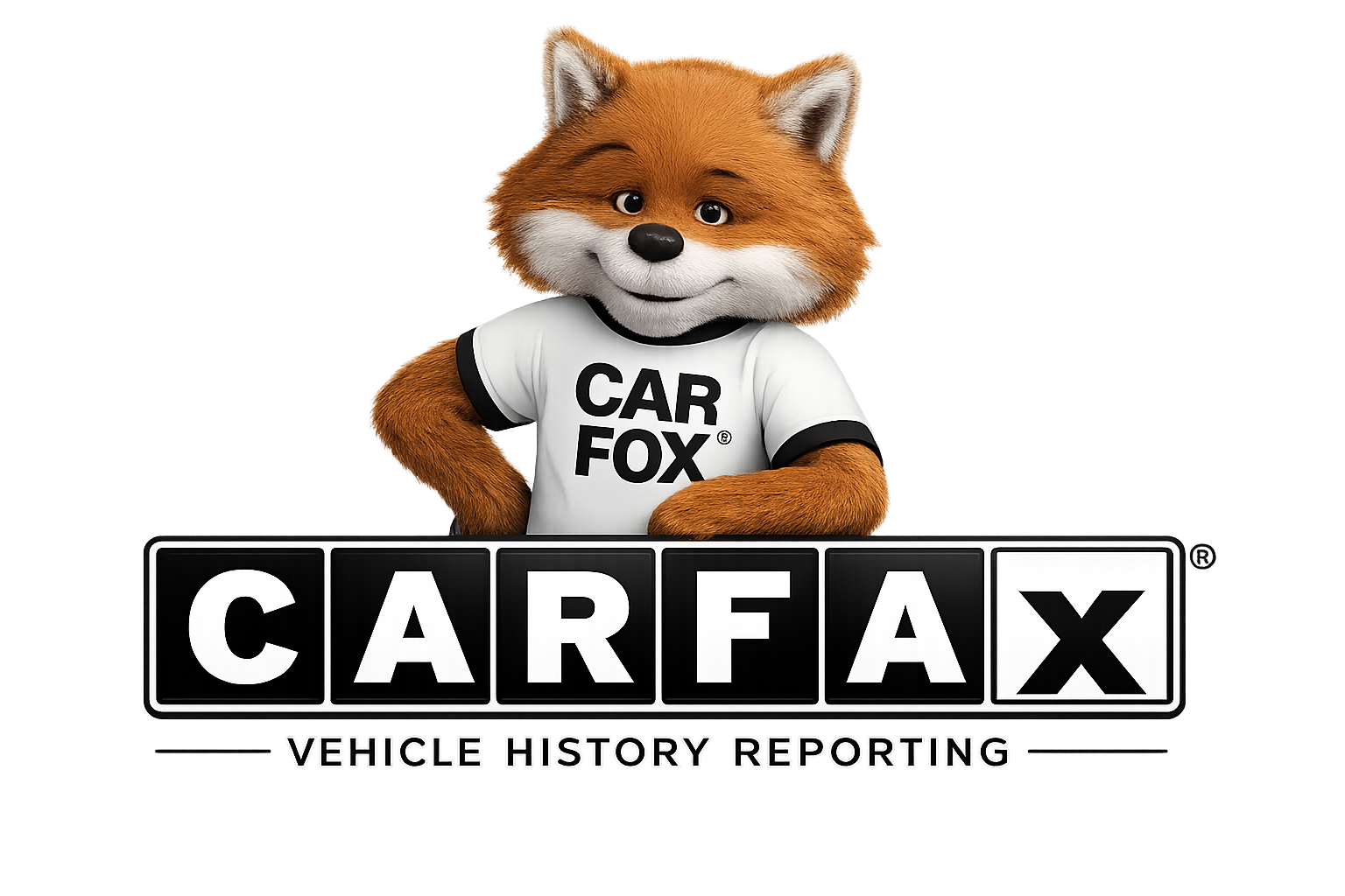 Car Fox mascot from Carfax with an arm on its hip, wearing a white T-shirt with 'Car Fox' written on it, standing behind a sign that says 'CARFAX VEHICLE HISTORY REPORTING.'