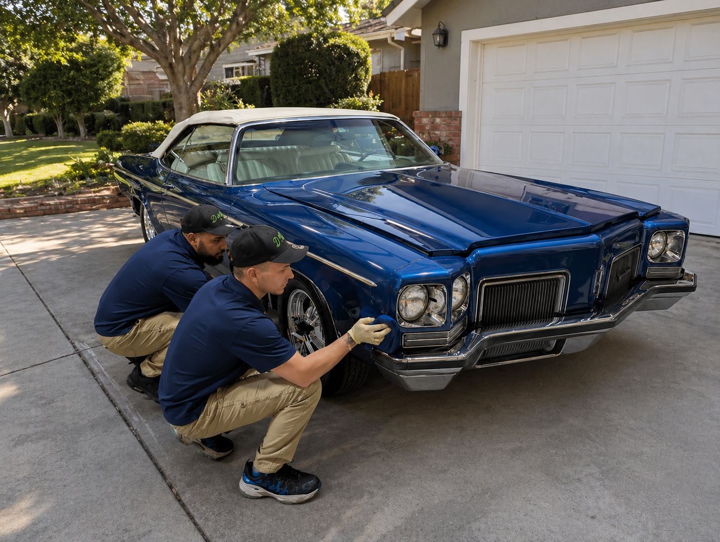 Two men are crouched down, working on a vintage blue convertible car in a driveway. The car has a white soft top, and they appear to be cleaning or inspecting the front left headlight area. The driveway is in front of a house with a white garage door, surrounded by greenery and trees.