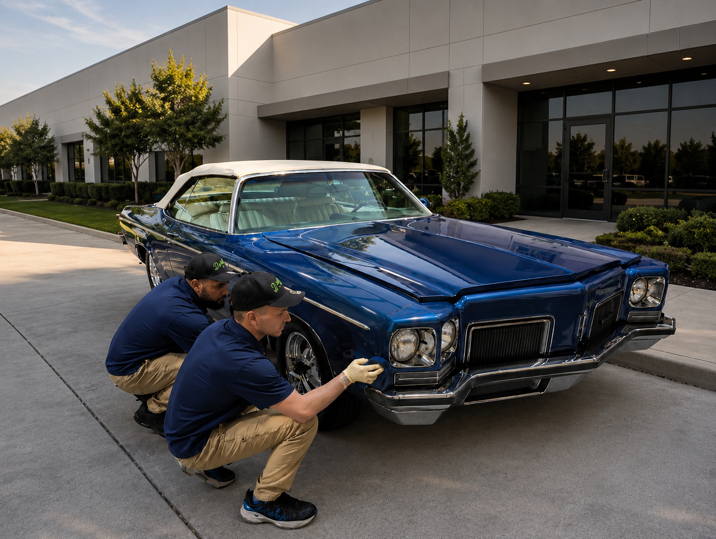 Two men working on a vintage blue convertible car with a white top, parked outside a modern building with glass windows and landscaped greenery.
