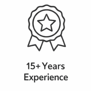 Icon of a ribbon or award with a star in the center, indicating 15+ years of experience.