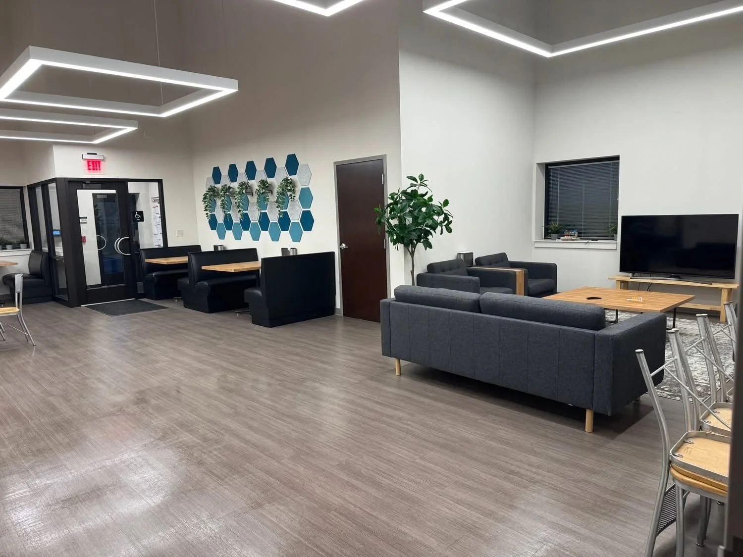 Modern lounge area with black couches, a large TV on a wooden stand, and a window with blinds. There is a potted plant next to a door, and a wall decoration with hexagonal shapes and hanging greenery. The room has white walls, a wood floor, and geome