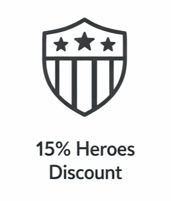 A shield with three stars at the top, vertical stripes at the bottom, and text underneath that reads '15% Heroes Discount'.