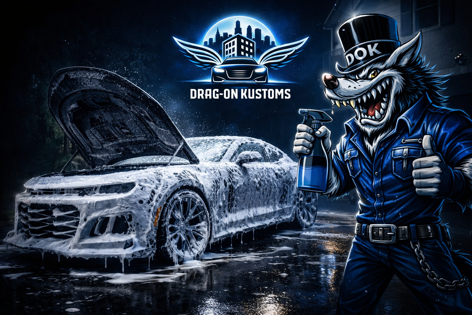 A car covered in soap and foam during a wash, with a cartoon wolf in a leather jacket and top hat holding a spray bottle next to it, and a logo that says "Drag-On Kustoms" above a cityscape with wings and a car silhouette.