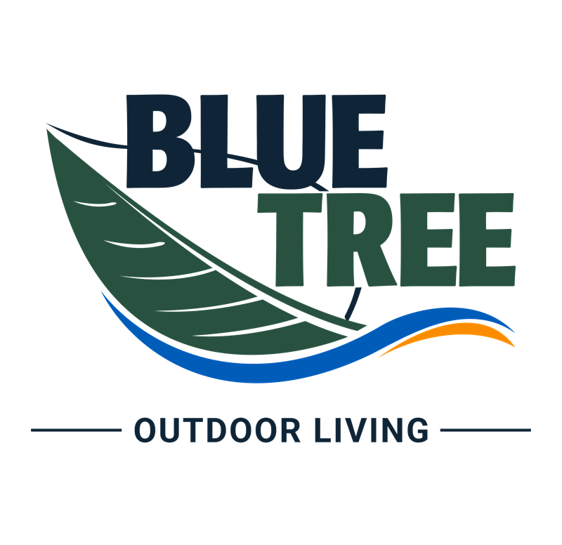 A logo with a large green leaf, blue and orange waves underneath, and the words "Blue Tree" in bold letters, with "Blue" in dark blue and "Tree" in dark green. The text "Outdoor Living" appears below, flanked by two horizontal lines.