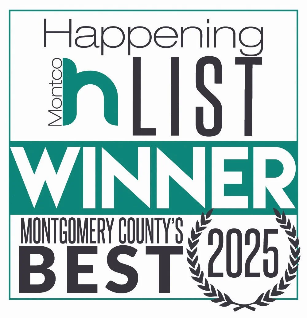 A badge or award graphic celebrating a winner in Montgomery County, 2025, with the text 'Happening Montgomery LIST WINNER Montgomery County's BEST 2025' and a laurel wreath.
