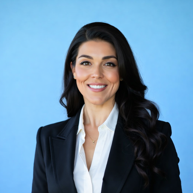 Corporate headshot of a woman with long dark hair in a white shirt and black blazer, smiling against a light blue background.