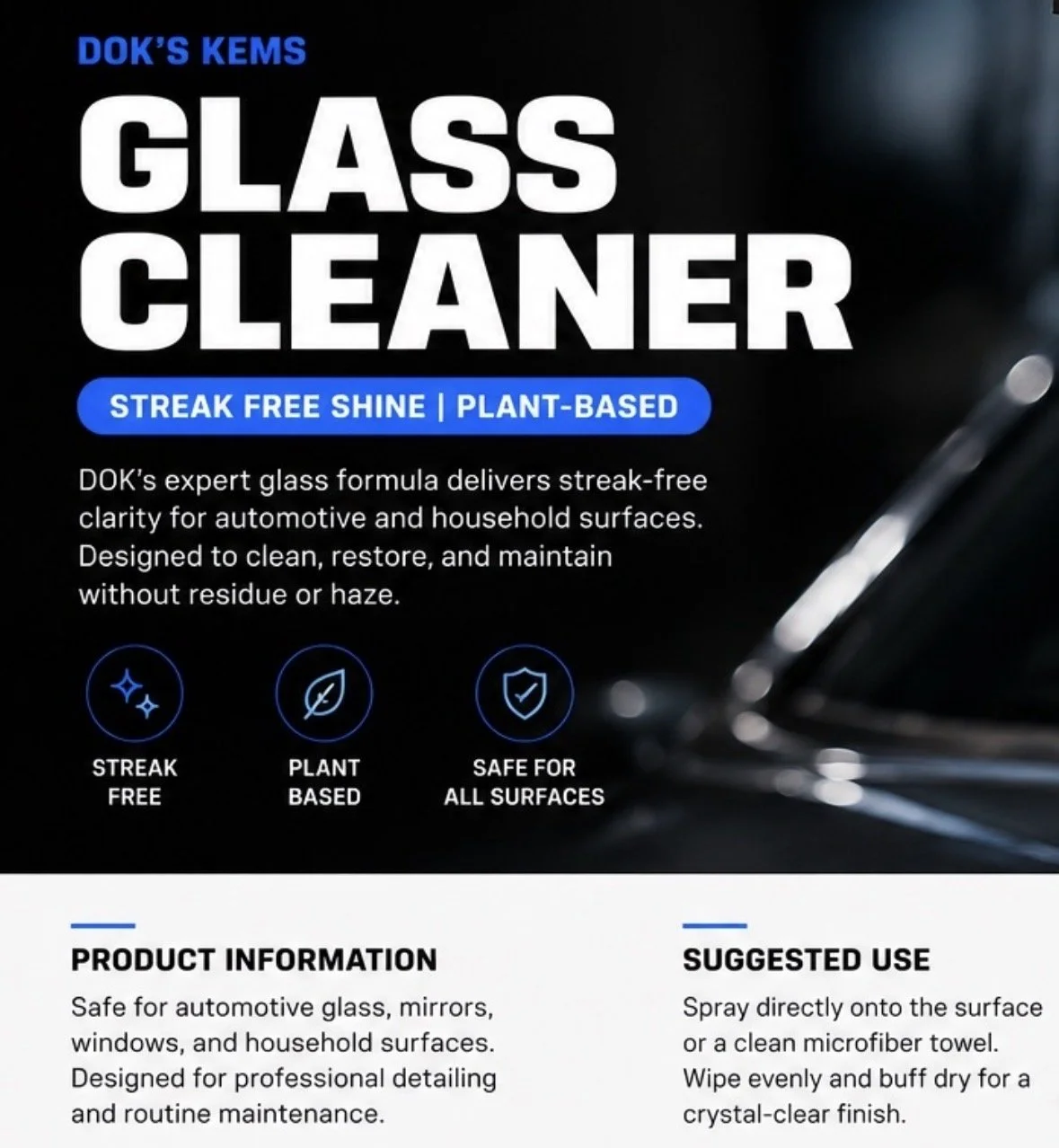 Product packaging for Dok's Kems Glass Cleaner, promoting streak-free shine and plant-based formula. The label highlights features like streak-free, plant-based, and safe for all surfaces, with usage instructions for spraying and wiping.