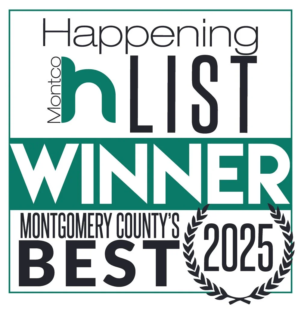 A graphic with text announcing that the Montgomery County's Happening List winner for 2025 has been recognized as the best in the county.