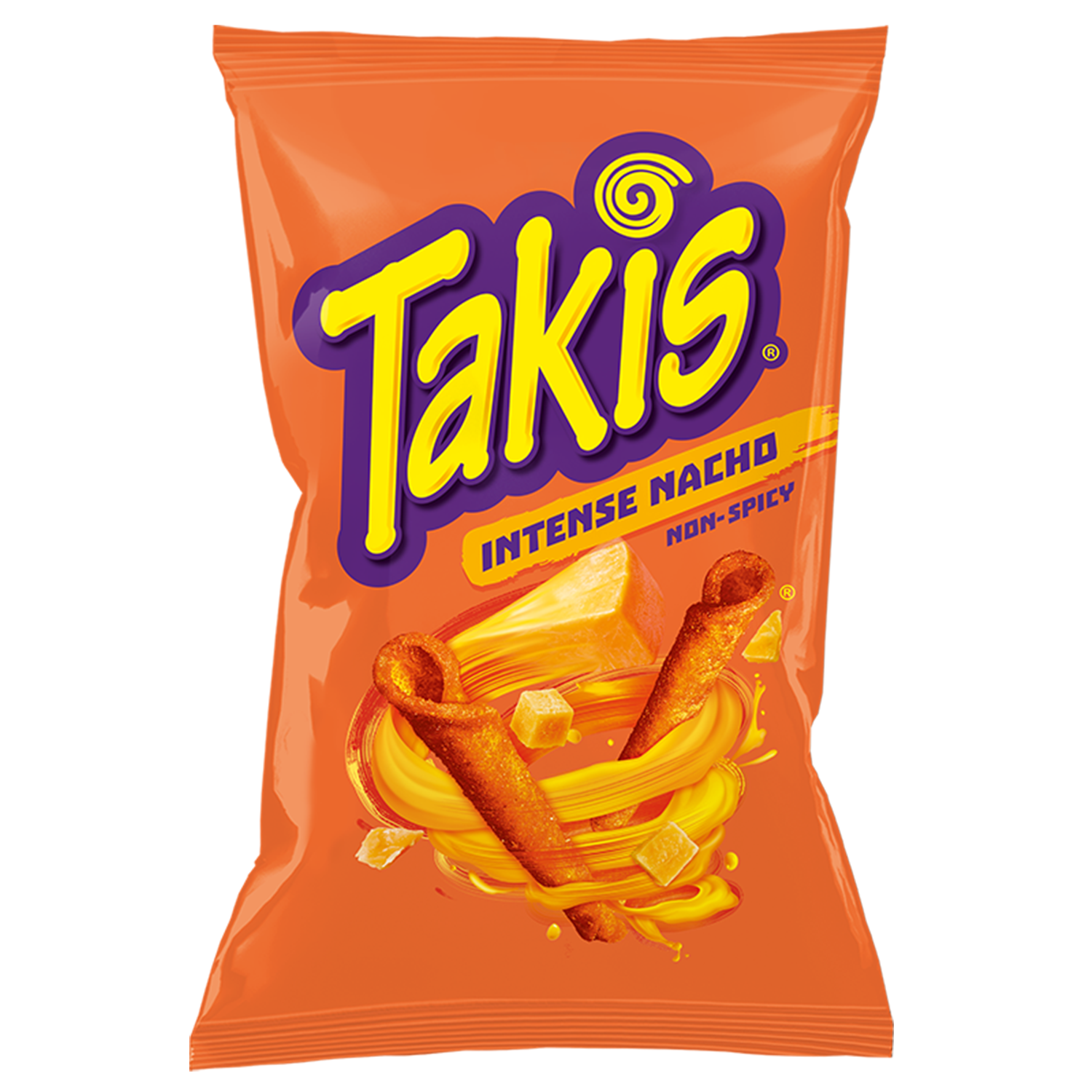 A bright orange bag of Takis Intense Nacho flavored snack chips with images of rolled chips, cheese, and swirling cheese sauce.