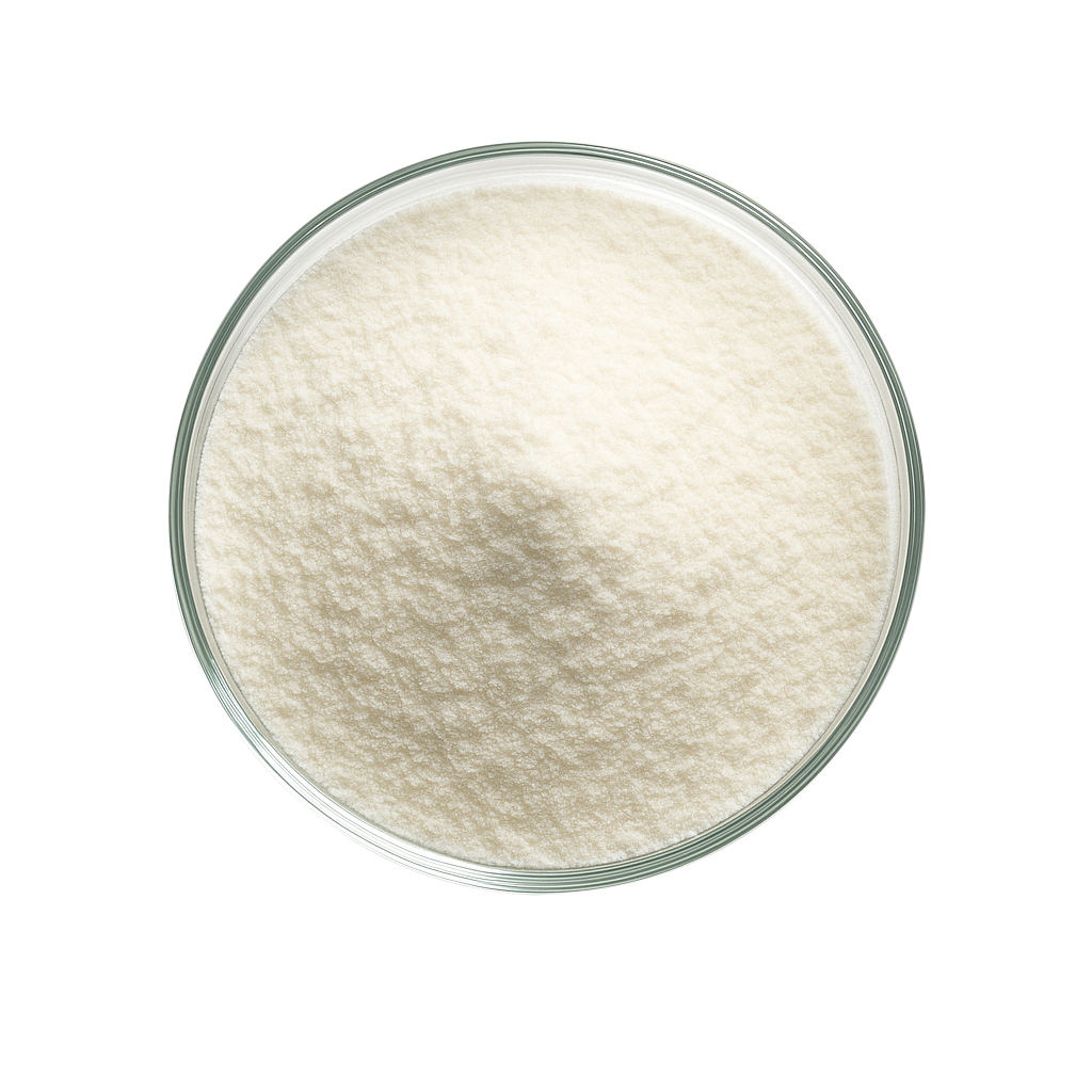 White powdered substance with some broken pieces on a white surface, possibly powdered sugar or salt.