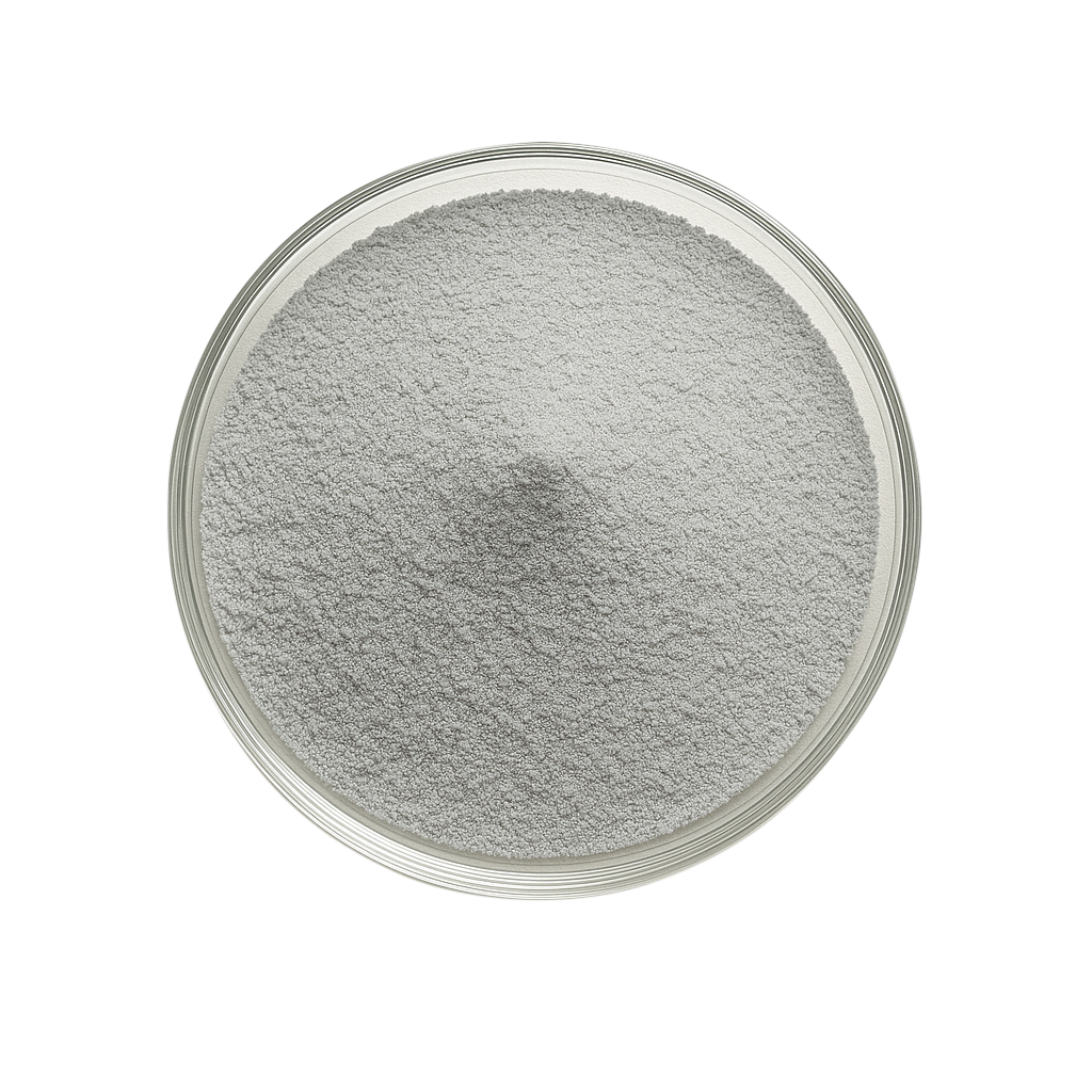 Gray metallic powder with two pyramid-shaped metallic objects on top, against a white background.