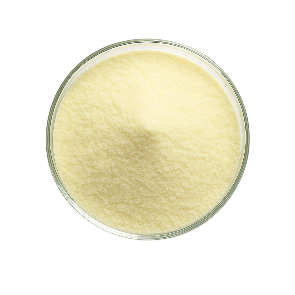 Light beige powder and two small chunks of powder on white background.