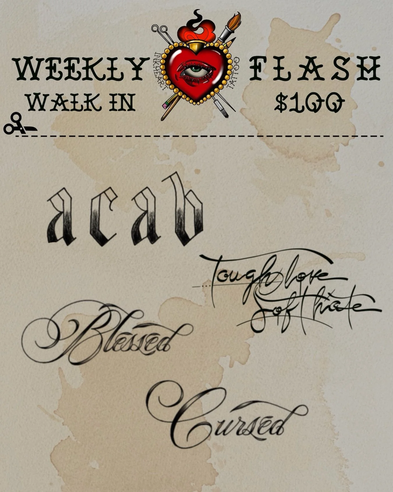 WEEKLY WALK IN TATTOOS! 
This week&rsquo;s theme: Lettering
Designs available this Thurs-Tues ✨
.

.

.
#pdxtattoo #pdxtattooartist #letteringtattoo #pdxtattooshops #pnwtattoo