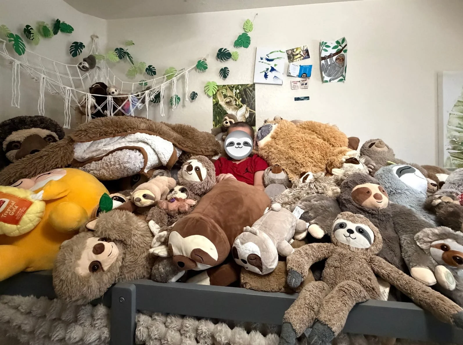 Kid with a lot of stuffed sloth toys