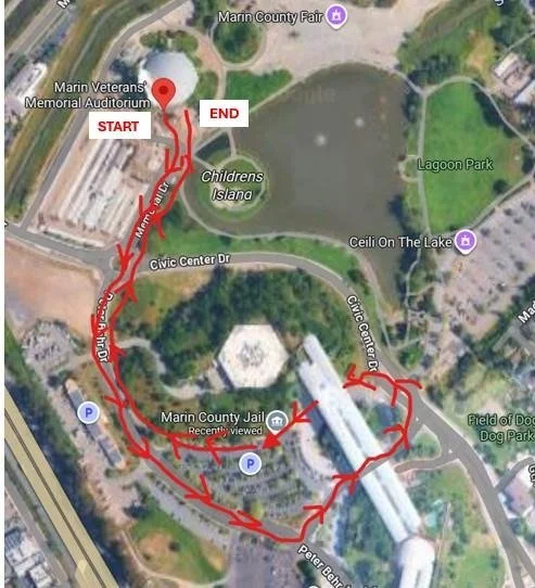 Parade route map - starts and ends at Veterans Memorial. People will help everyone stay on the path.