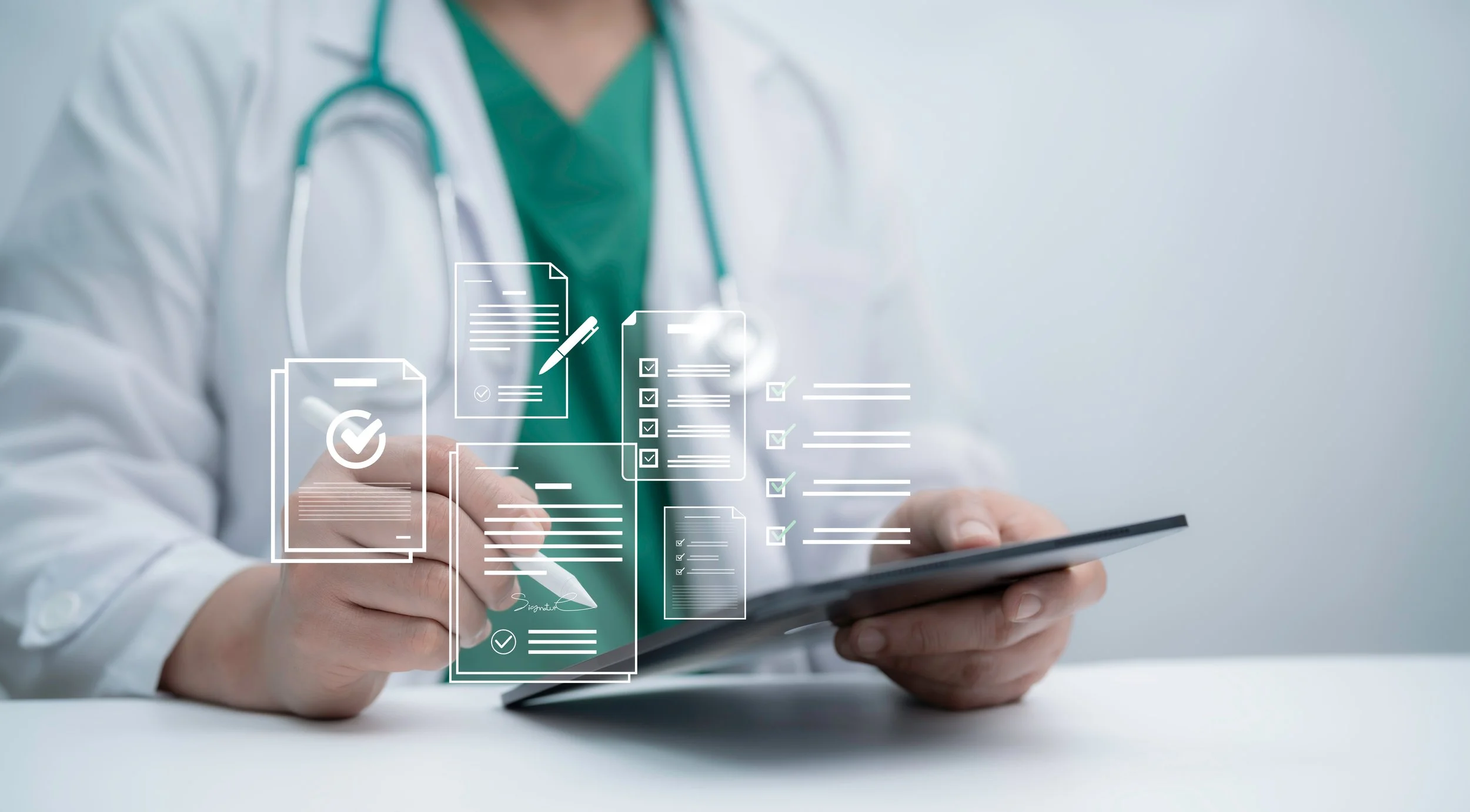 A healthcare provider reviews medical documentation on a digital tablet with illustrated checklists and approval icons, representing Medicare’s new prior authorization requirements for 2026.