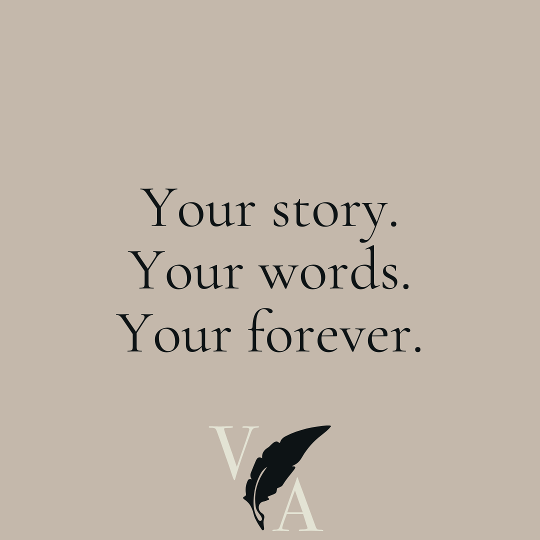 Inspirational quote on a beige background with a feather graphic and the letters V and A.