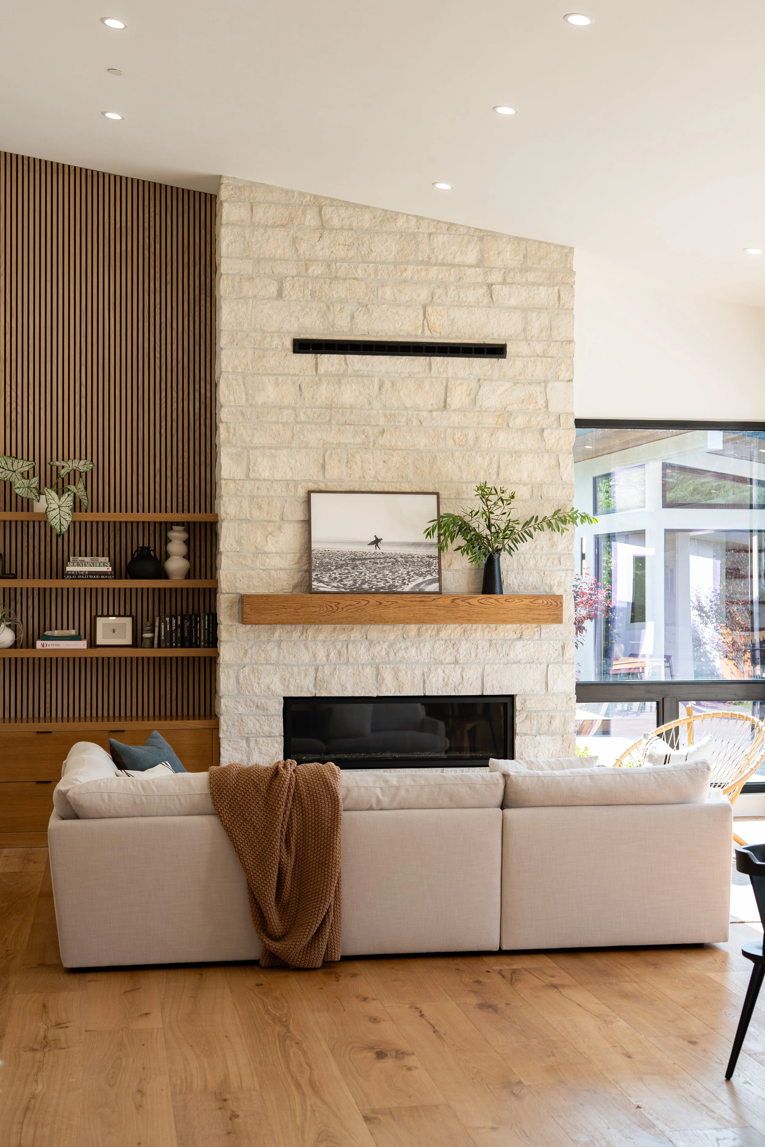 Living Room with limestone fireplace