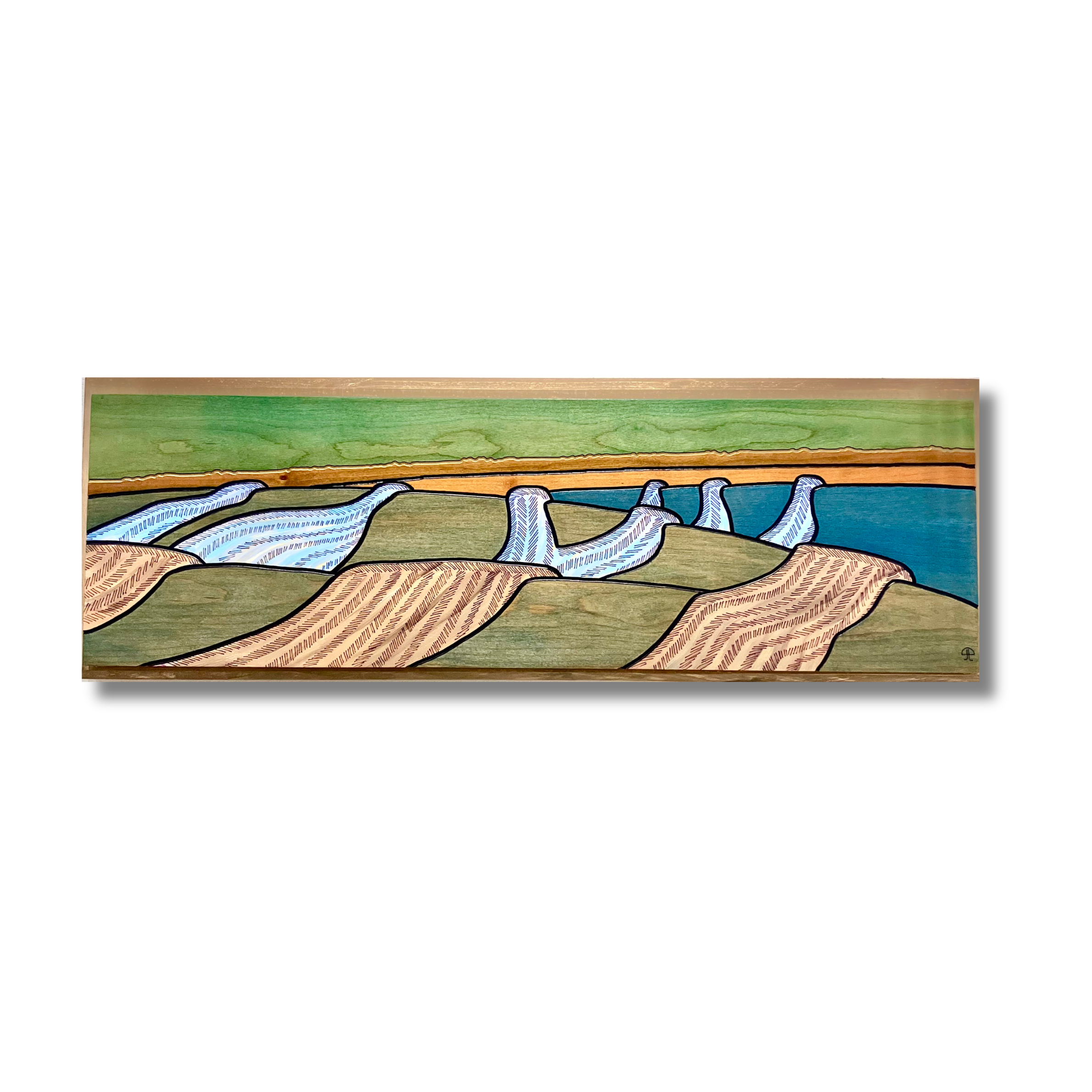 A Prairie Seen #25, stain, lacquer & pen on cherry veneer, 9 1/4" x 28" 