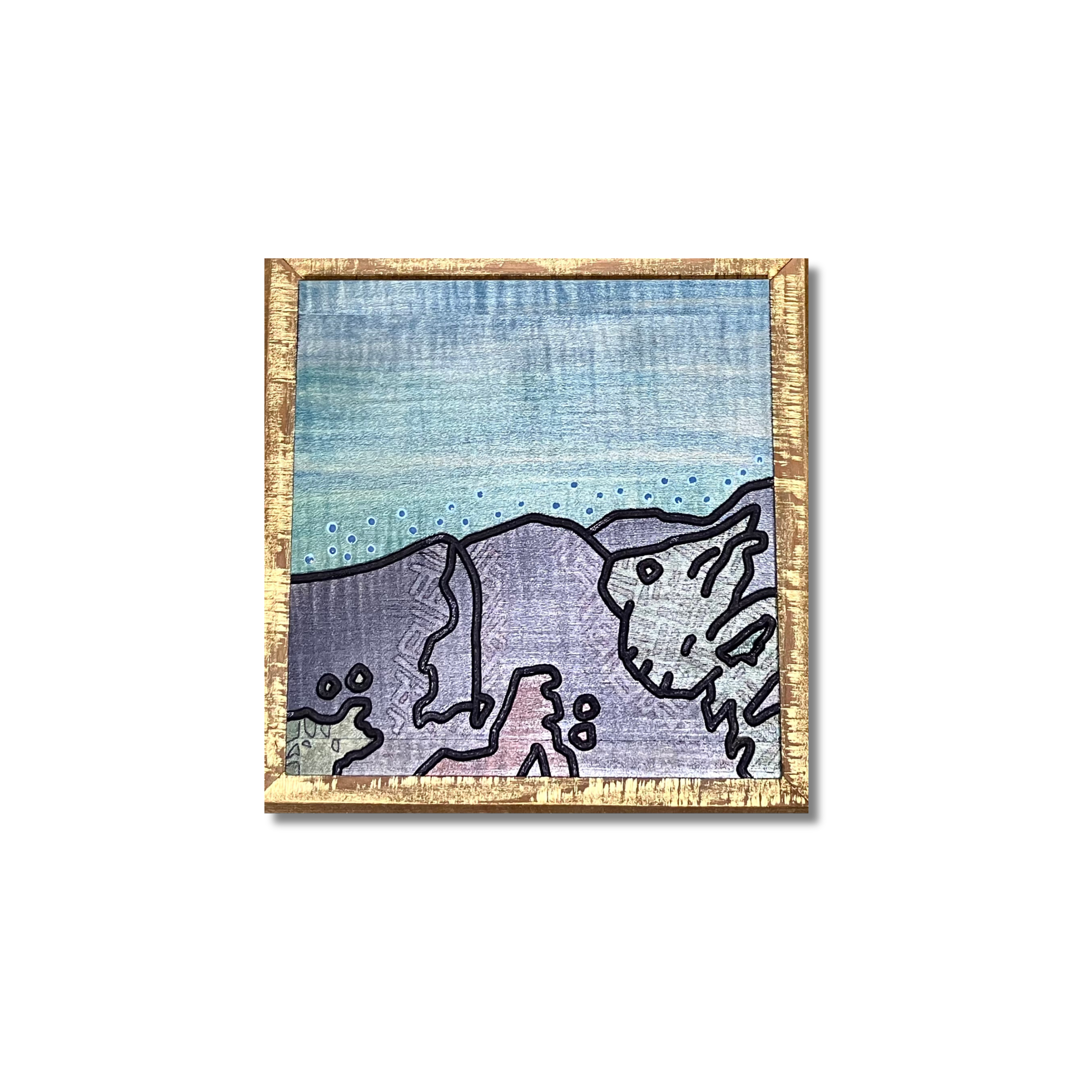 They Tremble as They Gaze - A Mountain Seen "M", Stains, lacquer & pen on veneer, 8 1/6" x 8 1/6" 