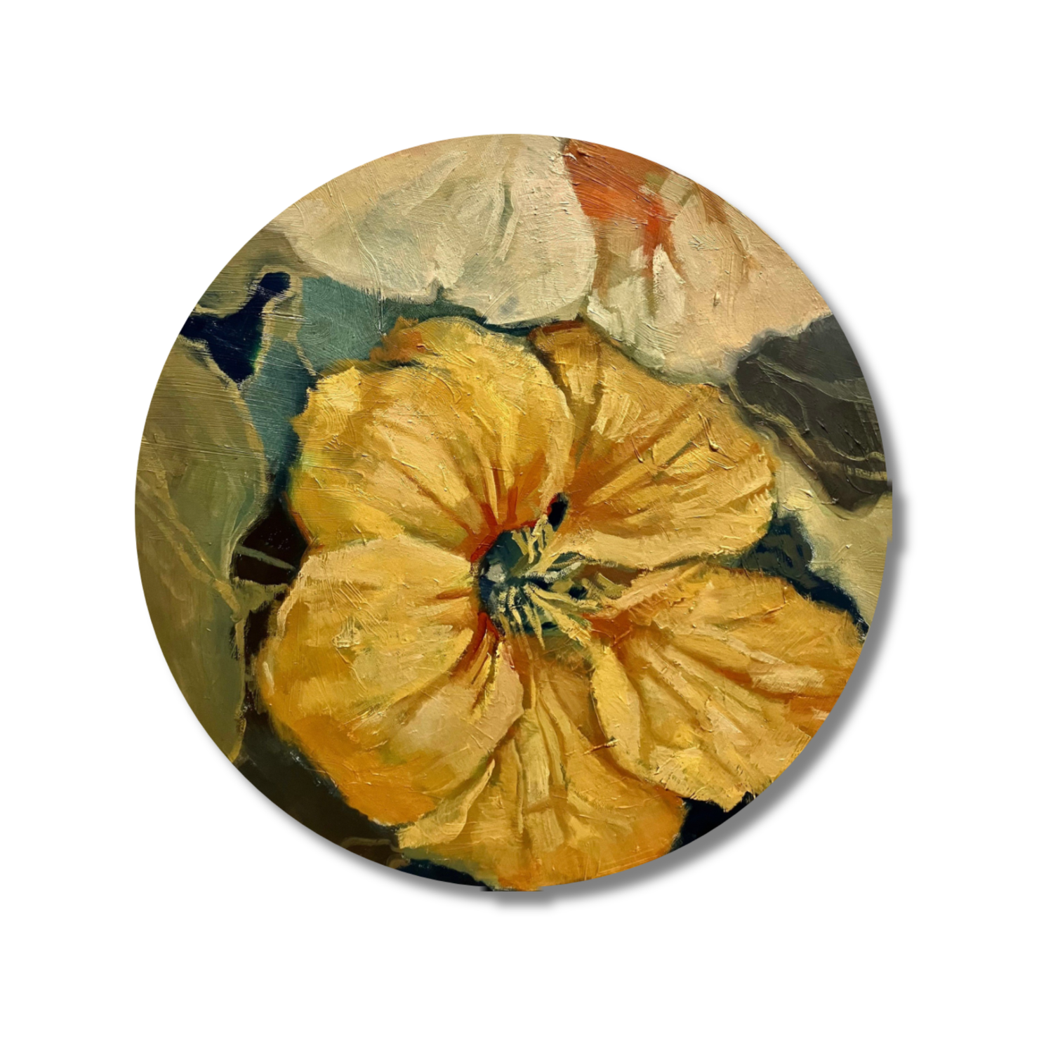 "Yellow Flowers", Oil on wood panel, 19 3/4" diameter 