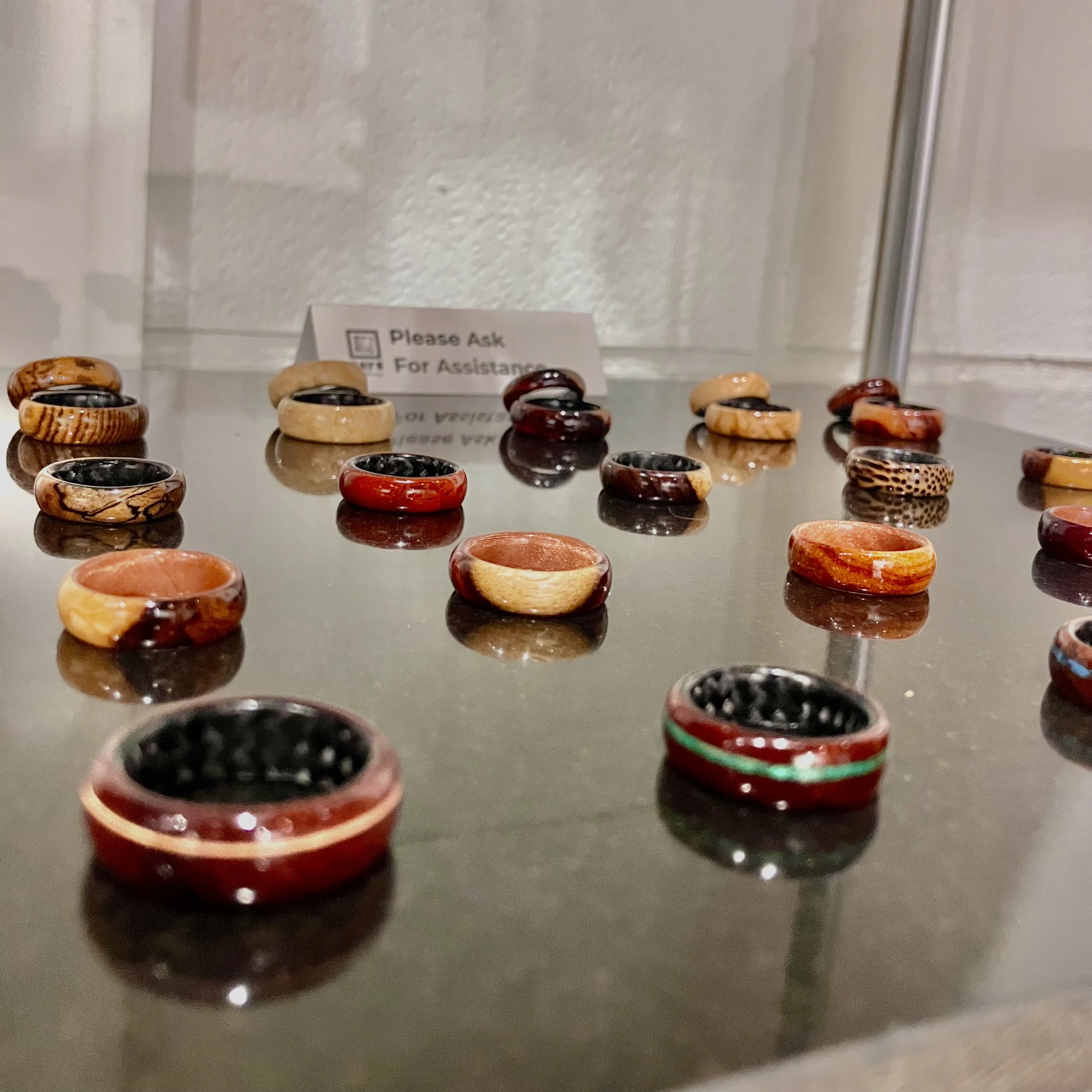 A new collection 2026 of resin covered waterproof exotic wooden rings. Couples ring sets available. 