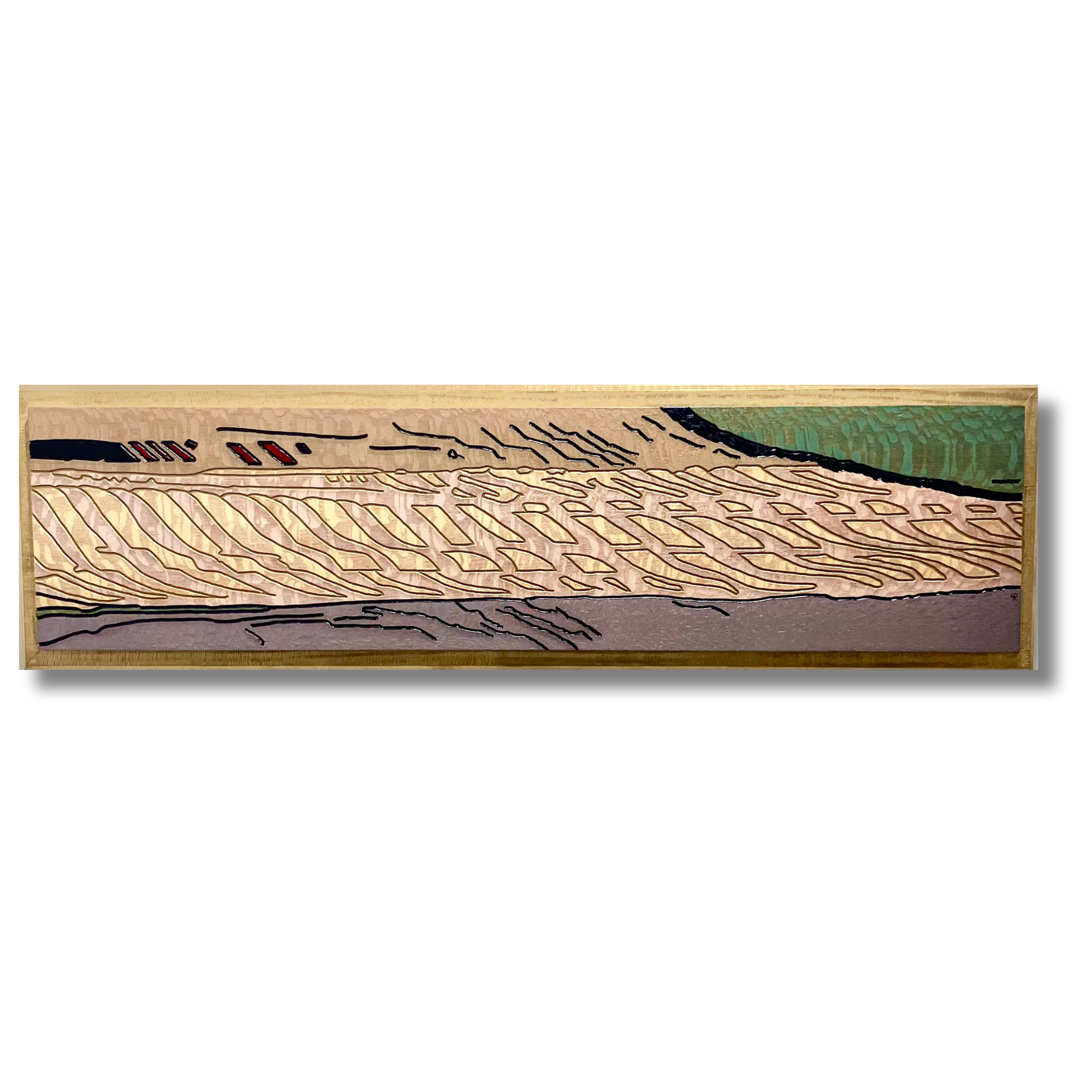 "It Becomes the Bread Which is Broken" - A Prairie Seen #152, stains & lacquer on lacewood veneer, 11 1/2" x 39 1/2"