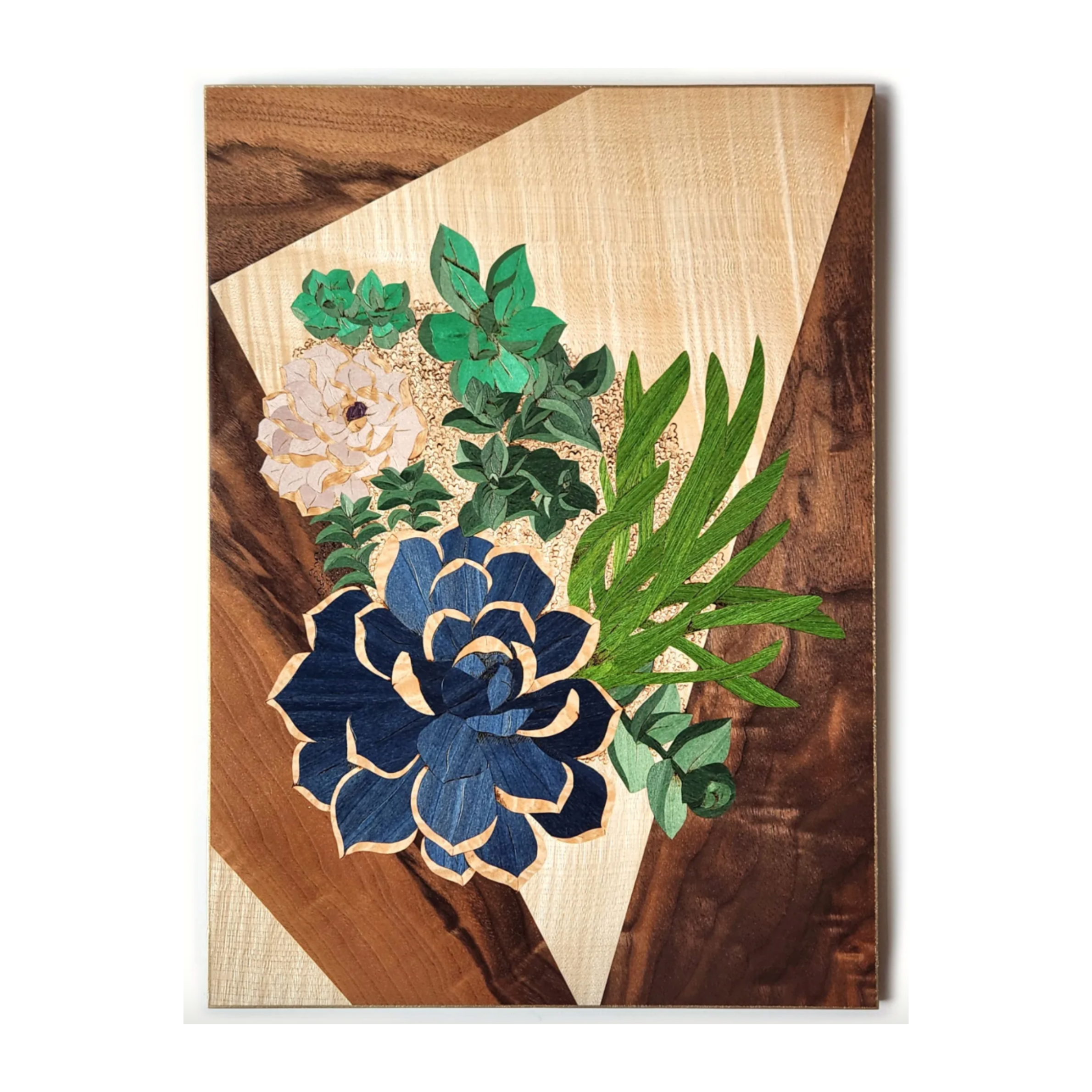 "Succulent Burst", marquetry using walnut, sycamore, figured maple, and figured anigre, edged in gold leaf, 16 5/8” H x 12” W x 1/2".